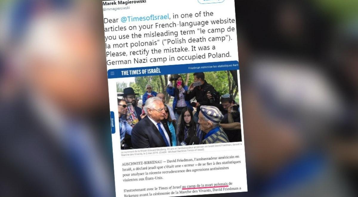 Francuskie wydanie "Times of Israel" o "polskich obozach". Reakcja Marka Magierowskiego