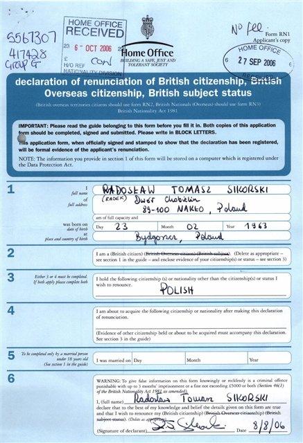 Sikorski: zrzekłem się obywatelstwa brytyjskiego