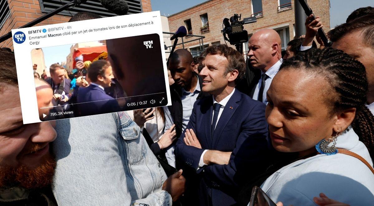 Emmanuel Macron zaatakowany na wiecu. W kierunku prezydenta Francji poleciały pomidory